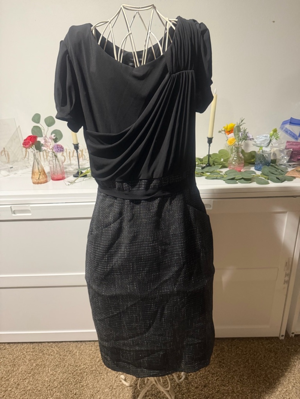 Max & Cleo Black Draped Bodice Sheath Dress